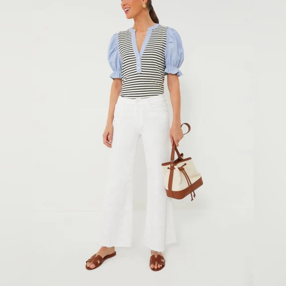 Veronica Beard Women’s Raegan Mixed-Media Top Puffed Ruffle Short Sleeves V-Neck - Picture 3 of 16